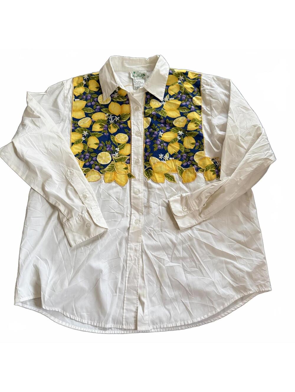 Quacker Factory Lemon Print Button Front Shirt Large Fruit Novelty Cottagecore